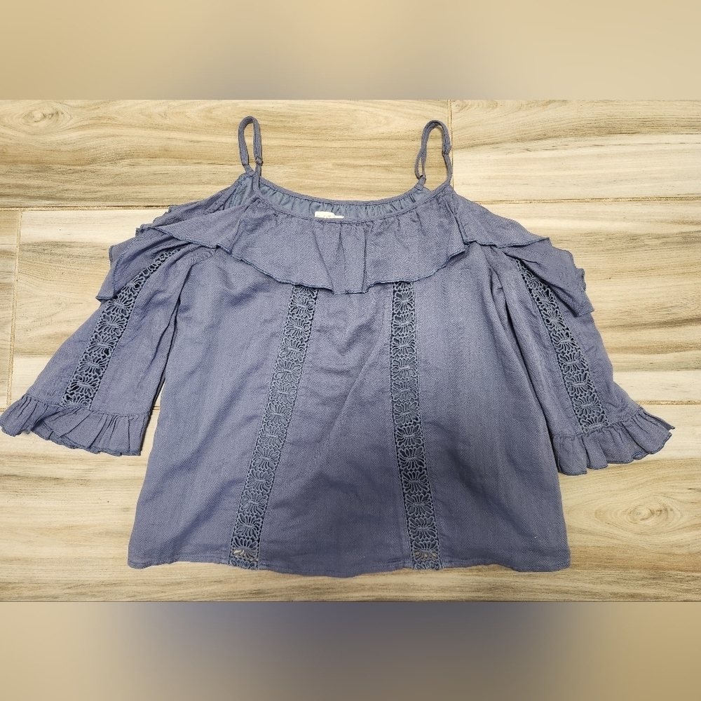 Boho Blue Cold Shoulder Ruffle Top Size Small